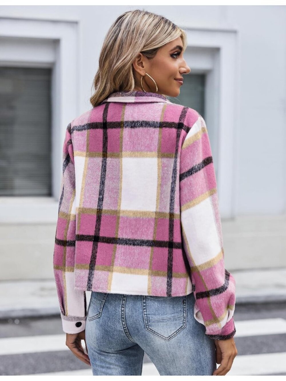 Women's Hot Pink Cropped Fashion Plaid Fall Coat Button Down Fall Winter Jackets - Picture 5 of 5